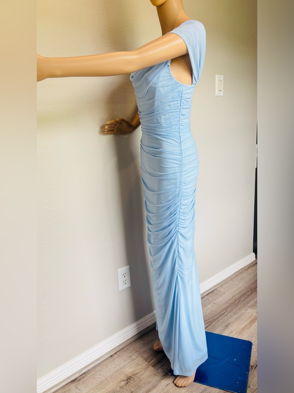 Elegant Off-Shoulder Baby Blue Ruched Evening Dress - Picture 6 of 14
